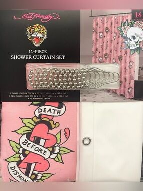 Ed Hardy 14-pc Shower Curtain Set Pink Skull Tiger Bird Heart Hooks 72x72 NWT